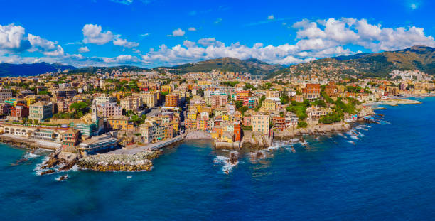 Boccadasse neighborhood of Genoa aerial view Boccadasse neighborhood of Genoa aerial view fishing village photos stock pictures, royalty-free photos & images