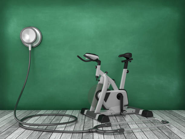 istock Stethoscope with Exercise Bike on Chalkboard Background - 3D Rendering 1178408029