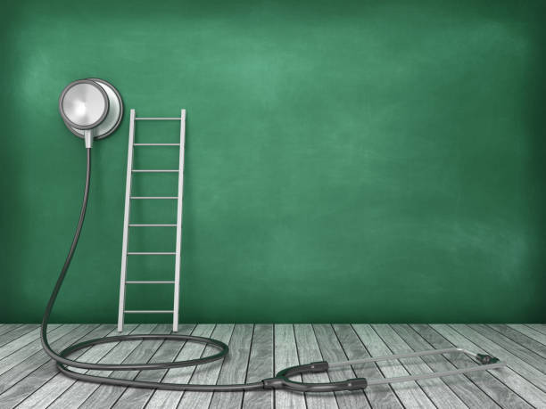 istock Stethoscope with Stair on Chalkboard Background - 3D Rendering 1178408046