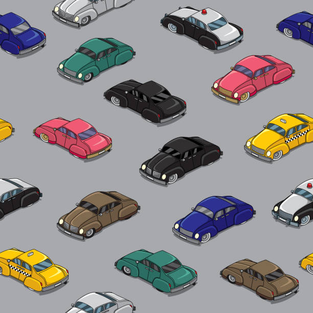 Retro Cars Pattern Seamless pattern with cartoon retro cars in traffic jam. pimp stock illustrations