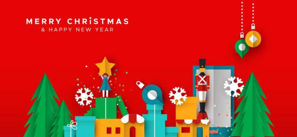 stockillustraties, clipart, cartoons en iconen met kerstmis en nieuwjaar kaart van papier speelgoed stad - toys