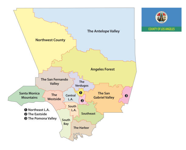 los angeles county regions map with flag los angeles county regions map with flag los angeles stock illustrations