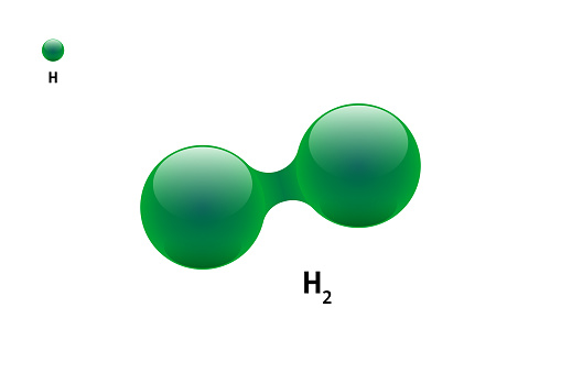 Chemistry model of molecule hydrogen H2 scientific element. Integrated particles natural inorganic 3d molecular structure compound. Two green volume atom spheres vector illustration isolated