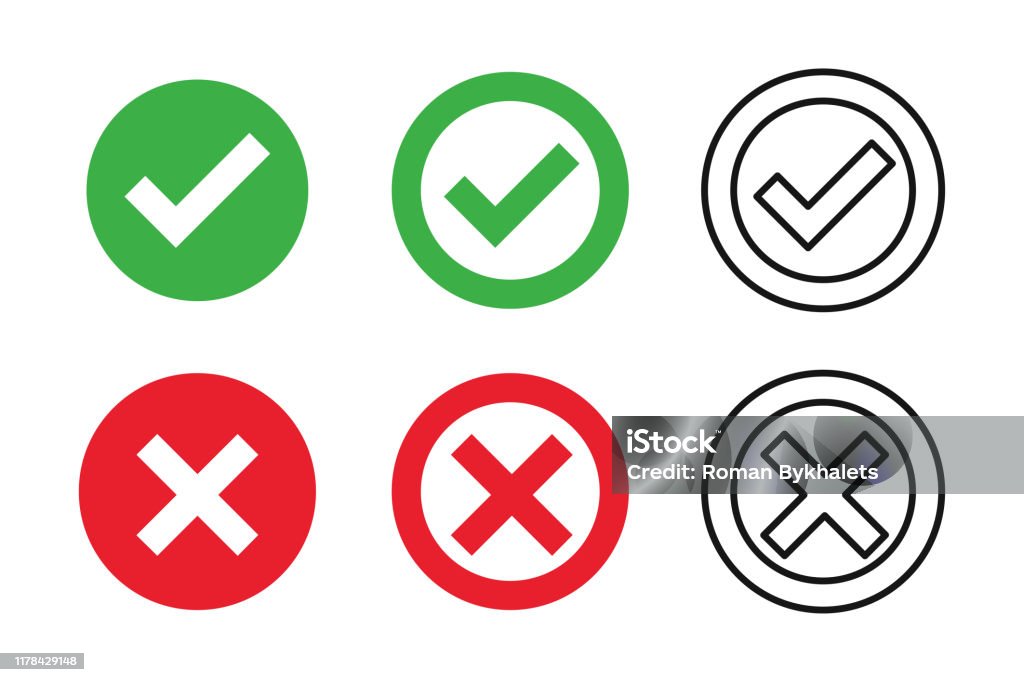 Tick and cross signs isolated on white background. Check mark sign and cross.  Green, red circle. Button for ok, yes, no, error, incorrect, cancel and  close. Question, poll, test in app or