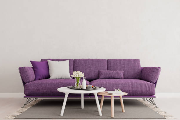 Living room interior wall mock up with purple violet sofa, empty white wall with free space above on top, 3D render, 3D illustration stock photo