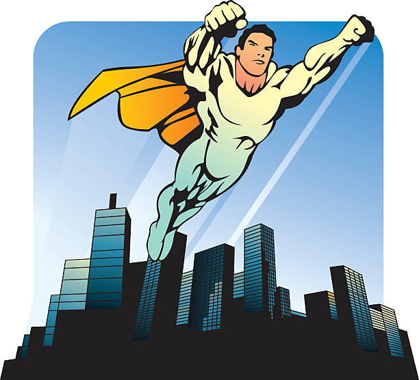 illustrazioni stock, clip art, cartoni animati e icone di tendenza di super eroe volare sopra la città - superhero human muscle men city