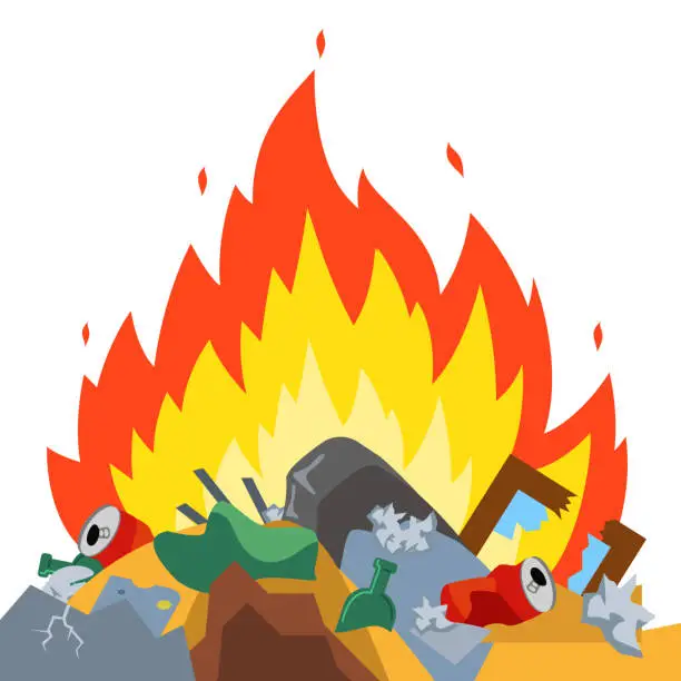 Vector illustration of burn garbage at the landfill