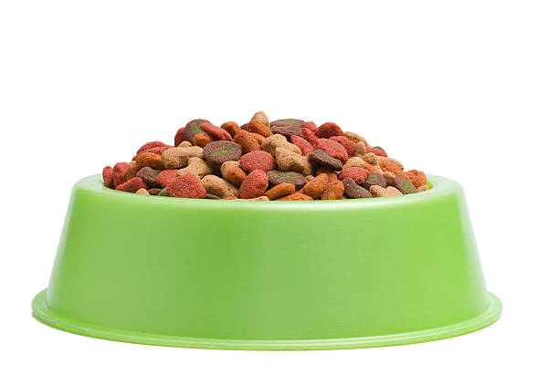 Close-up of green bowl of dry kibble pet food Pet Food Bowl Isolated White on Background dog bowl photos stock pictures, royalty-free photos & images