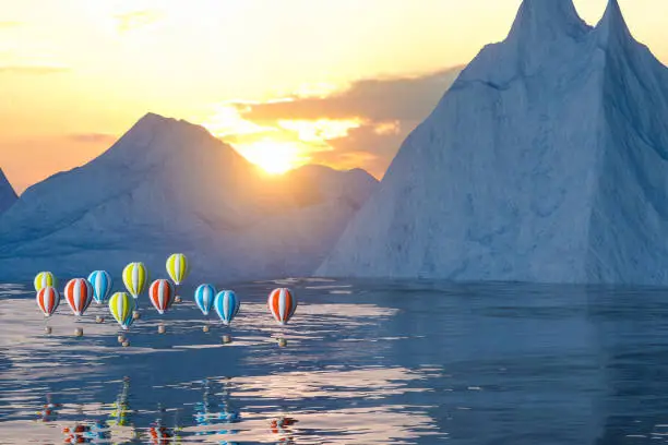 Photo of Hot air balloon flying over the ocean, 3d rendering.