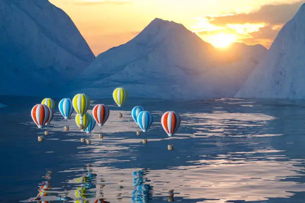 Photo of Hot air balloon flying over the ocean, 3d rendering.