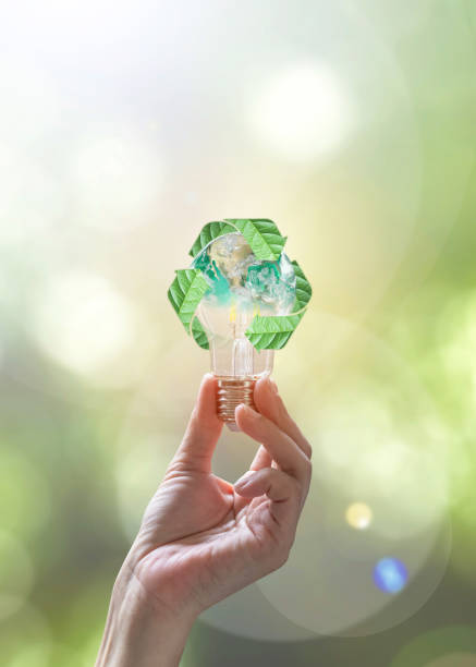 ekologia, oszczędność energii, odnawialne, gospodarka odpadami i koncepcja zrównoważonego rozwoju z żarówką z recyklingiem pozostawia symbol ochrony środowiska w rękach - light bulb led evolution development zdjęcia i obrazy z banku zdjęć