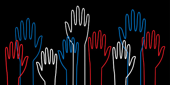 Vector illustration of patriotic red, white and blue outlined hands on a black background.