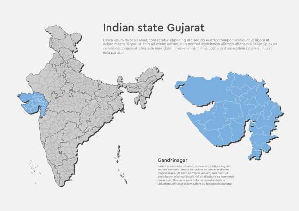 India country map Gujarat state template concept Detailed vector India country outline border map isolated on background. Gujarat state, region, area, province, territory, department for your report, infographic, backdrop, business concept. assam stock illustrations