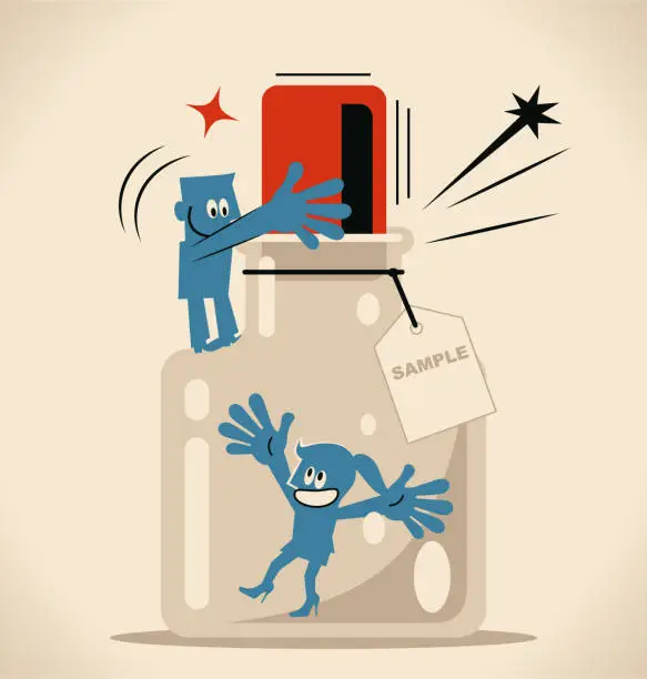 Vector illustration of One man helping a woman to escape from the confined space glass bottle with cork (airtight container) and label