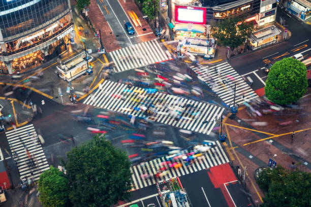 shibuya crossing in tokio - crosswalk crowd activity long exposure stock-fotos und bilder