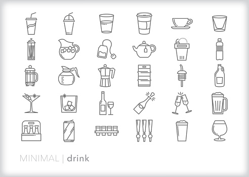 Set of 30 drink line icons of water, lemonade, coffee, tea, beer, cocktails