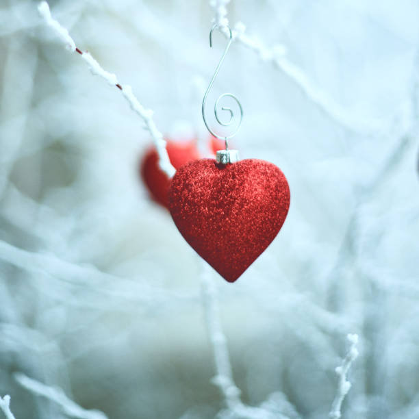 istock Heart shaped Christmas ornaments on snowy branches 1178459307