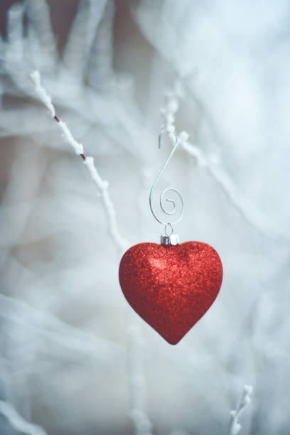 istock Heart shaped Christmas ornaments on snowy branches 1178459316
