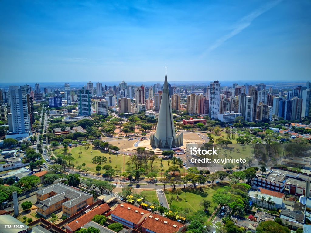Maringá Cathedral and city center. Several buildings. Cathedral of Maringá and downtown. Several buildings. Parana State Stock Photo