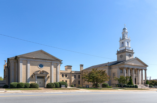 Lenoir, NC, USA-24 Sept 2019:  First Baptist Church Sanctuary and Chapel, on North Main St., completed in 1924.