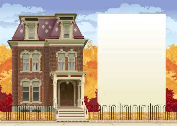 Vector illustration of Victorian House in Autumn with Copy Space