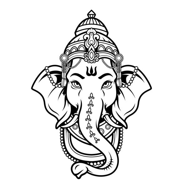 Lord Ganeshhead black and white icon in the linear style Illustration of Lord Ganeshhead black and white icon in the linear style elephant drawings stock illustrations