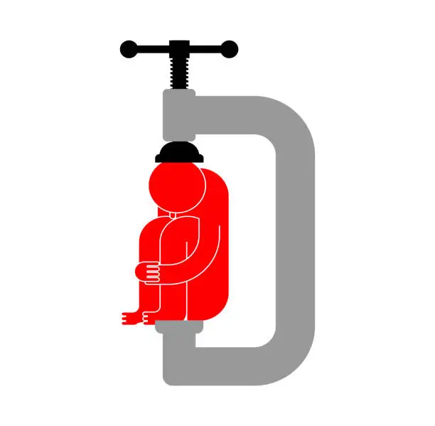 Vector illustration of Man in vise isolated. stress concept. head clamp