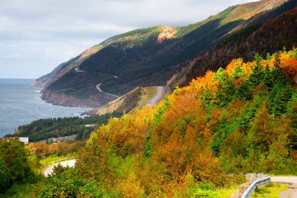 Aerial View of Highway 138 in Cote Nord Region, Quebec, Canada During Summer. An almost empty road along the St. Lawrence river showing beautiful landscapes.