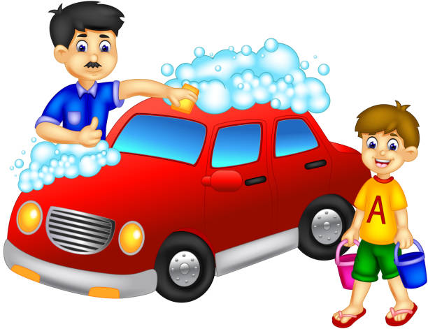 Funny Father And Son Washing Car Cartoon Stock Illustration - Download  Image Now - Washing, Car, Child - iStock