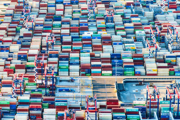 Bulk Shipping Containers at Warehouse Port. Handling of Logistic Transportation Industry. Cargo Container. Shipping Import-Export. Distribution Warehouse. Logistics Truck Transportation