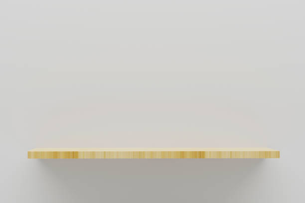 estante de madera flotante de renderizado 3d sobre pared blanca vacía. - suspendido en el aire fotografías e imágenes de stock