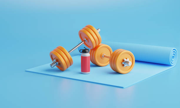 renderizado 3d equipo de fitness en fondo de color. - gimnasio ilustraciones fotografías e imágenes de stock