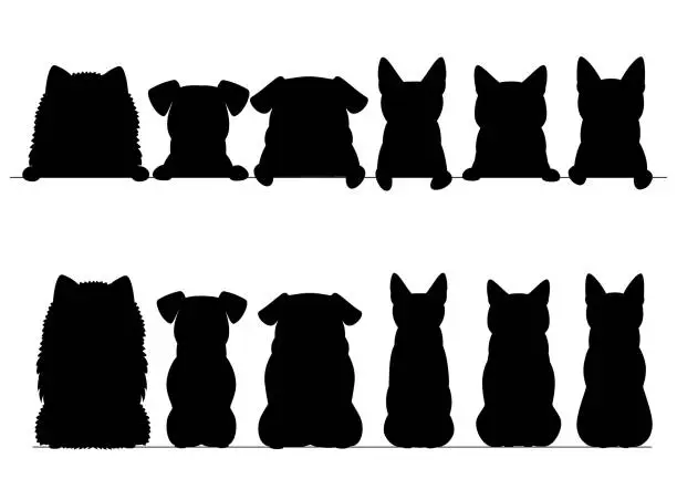 Vector illustration of small dogs and cats silhouette border set, upper and full body