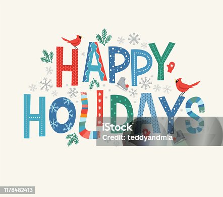 istock Colorful lettering Happy Holidays with decorative seasonal design elements. 1178482413