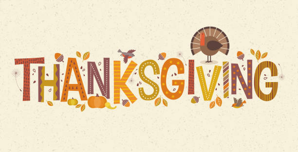 dekoracyjne napisy dziękczynienia z sezonowymi elementami projektowymi i indykiem. - thanksgiving stock illustrations