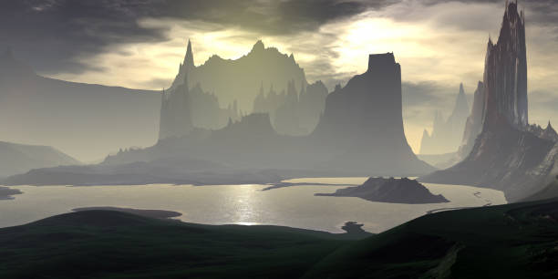 istock Alien Planet. Mountain and lake. 3D rendering 1178482518