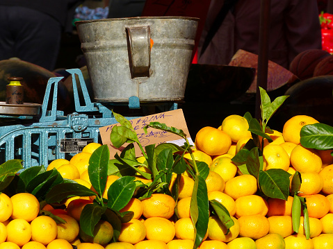 bright yellow color lemons on display at street market with vintage light blue enamel finished weighing scale and galvanized bucket. blurry background copy space. organic fruit & vegetable concept