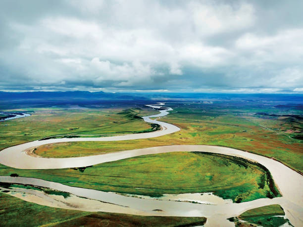 aerial view of the first band of the Yellow river (River Huanghe )in Zoige county, Aba Tibetan and Qiang Autonomous Prefecture, Sichuan province, China. stock photo