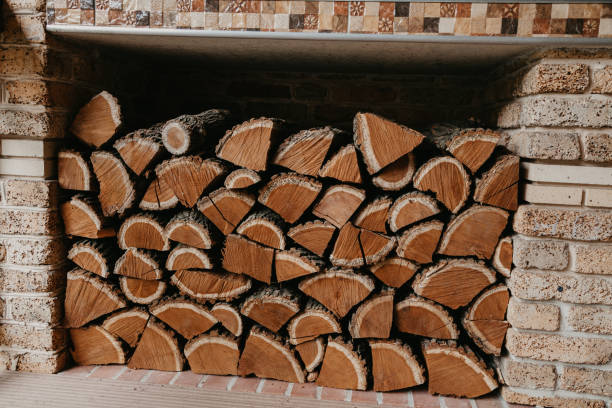 istock Chopped firewood stacked in brick niche 1178488942