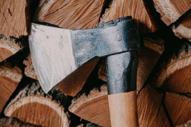 Sharp ax on background of chopped firewood