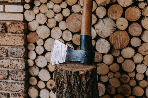 istock An ax stands on a stump amid stacked chopped firewood 1178490002