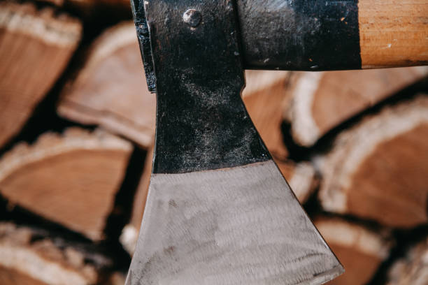 Sharp ax on background of chopped firewood