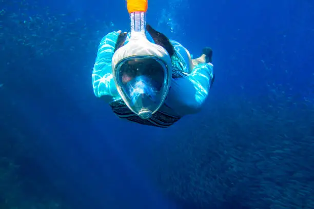 Woman swimming in blue sea. Girl snorkeling in full-face mask. Snorkel with fish school underwater photo. Snorkeling mask undersea. Sardines fish shoal in blue seawater. Diving girl in open water