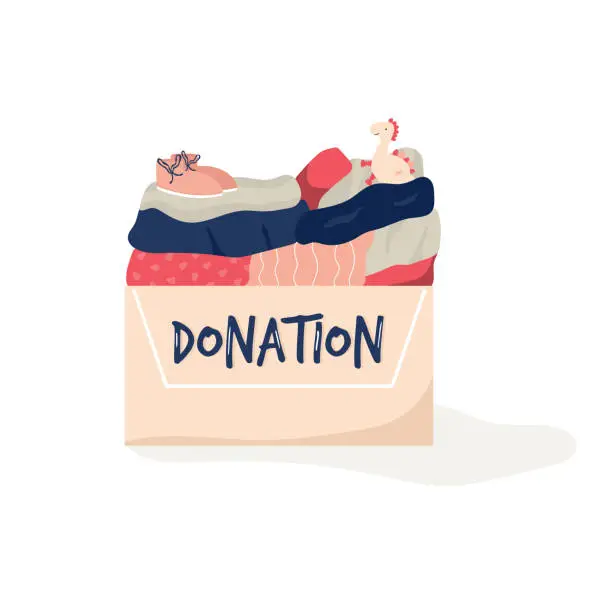Vector illustration of Cardboard box for donations full of goods, clothing, toys, Charity concept, vector illustration