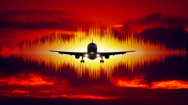 A photography of a jet air plane aircraft noise symbol red sky