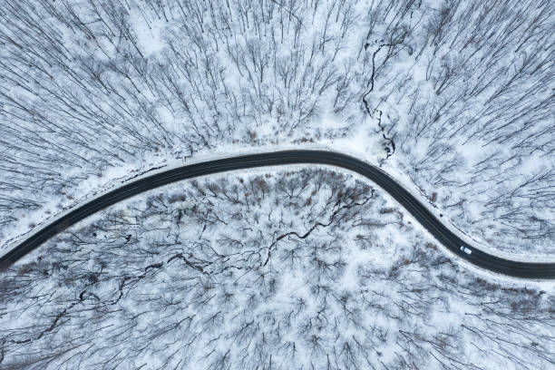 istock Aerial view of winter forest road 1178499366