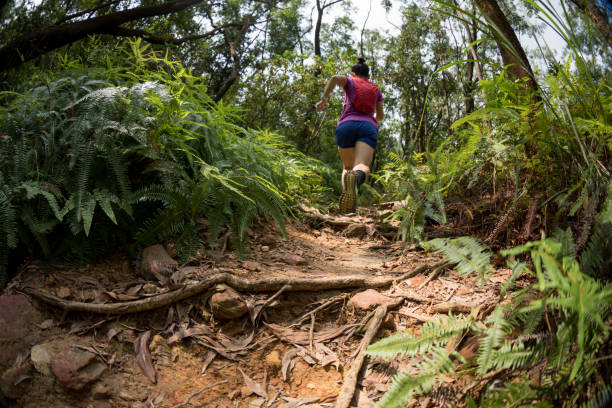 istock Woman ultra marathon runner running on tropical forest trail 1178500766