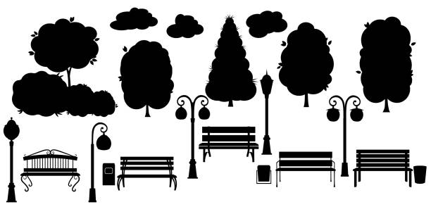 Set black object for city park. Silhouette Tree, trash can, lantern, teeter, and benches. Isolated on white background Vector illustration.
