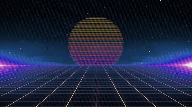 istock Retro Sci-Fi Background Futuristic Grid landscape of the 80`s. Digital Cyber Surface. Suitable for design in the style of the 1980`s. 3D illustration 1178503367