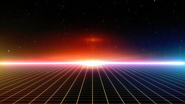 istock Retro Sci-Fi Background Futuristic Grid landscape of the 80`s. Digital Cyber Surface. Suitable for design in the style of the 1980`s. 3D illustration 1178503534